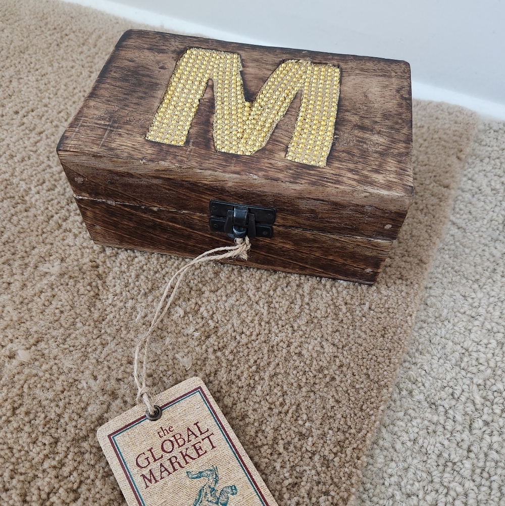 Vintage Rustic Vibes Wooden Box With Golden Letter M On Top